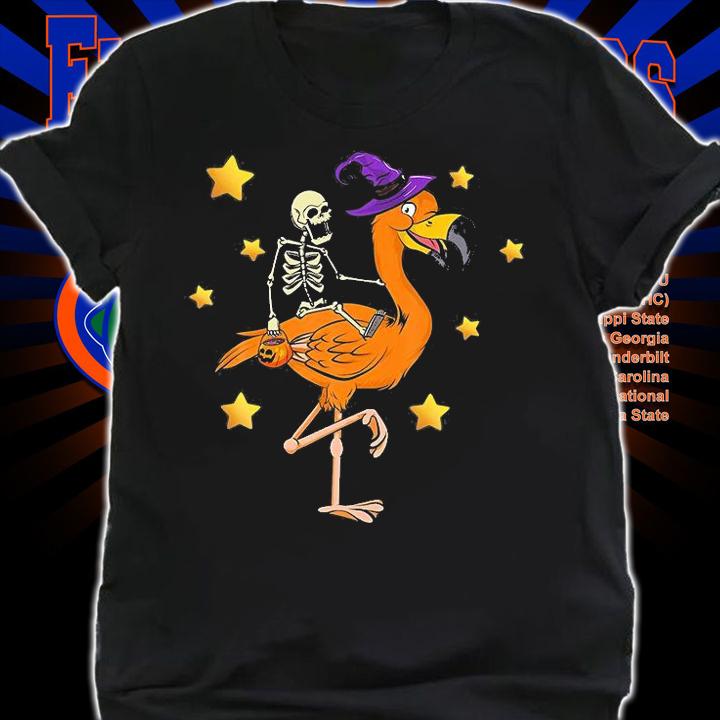Skeleton Riding Flamingo Funny Halloween 2021 T-Shirt shirt