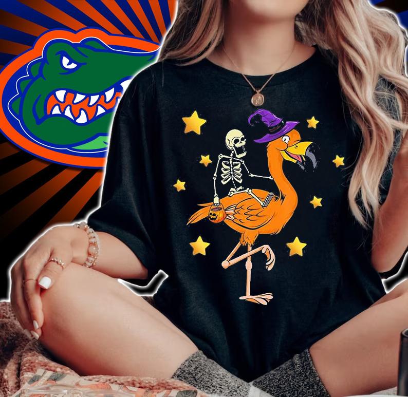 Skeleton Riding Flamingo Funny Halloween 2021 T-Shirt woman shirt