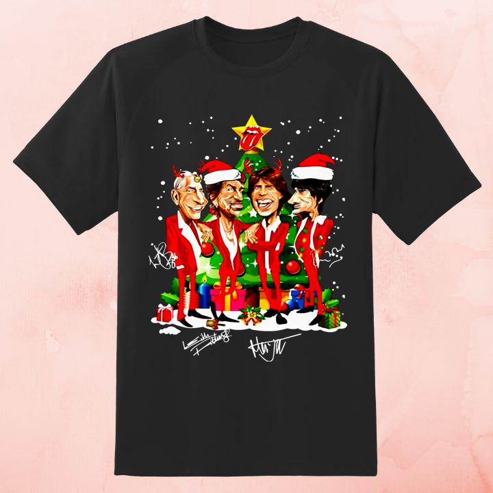 Unique Rolling Stones Band Member Cartoon Merry Christmas Signatures Shirt
