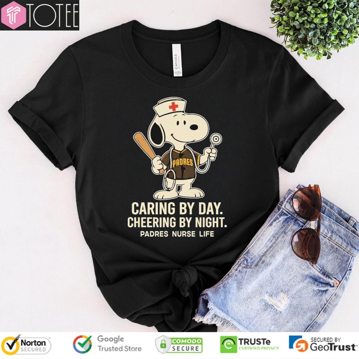 Caring By Day Cheering By Night San Diego Padres Snoopy Nurse Life T-shirt